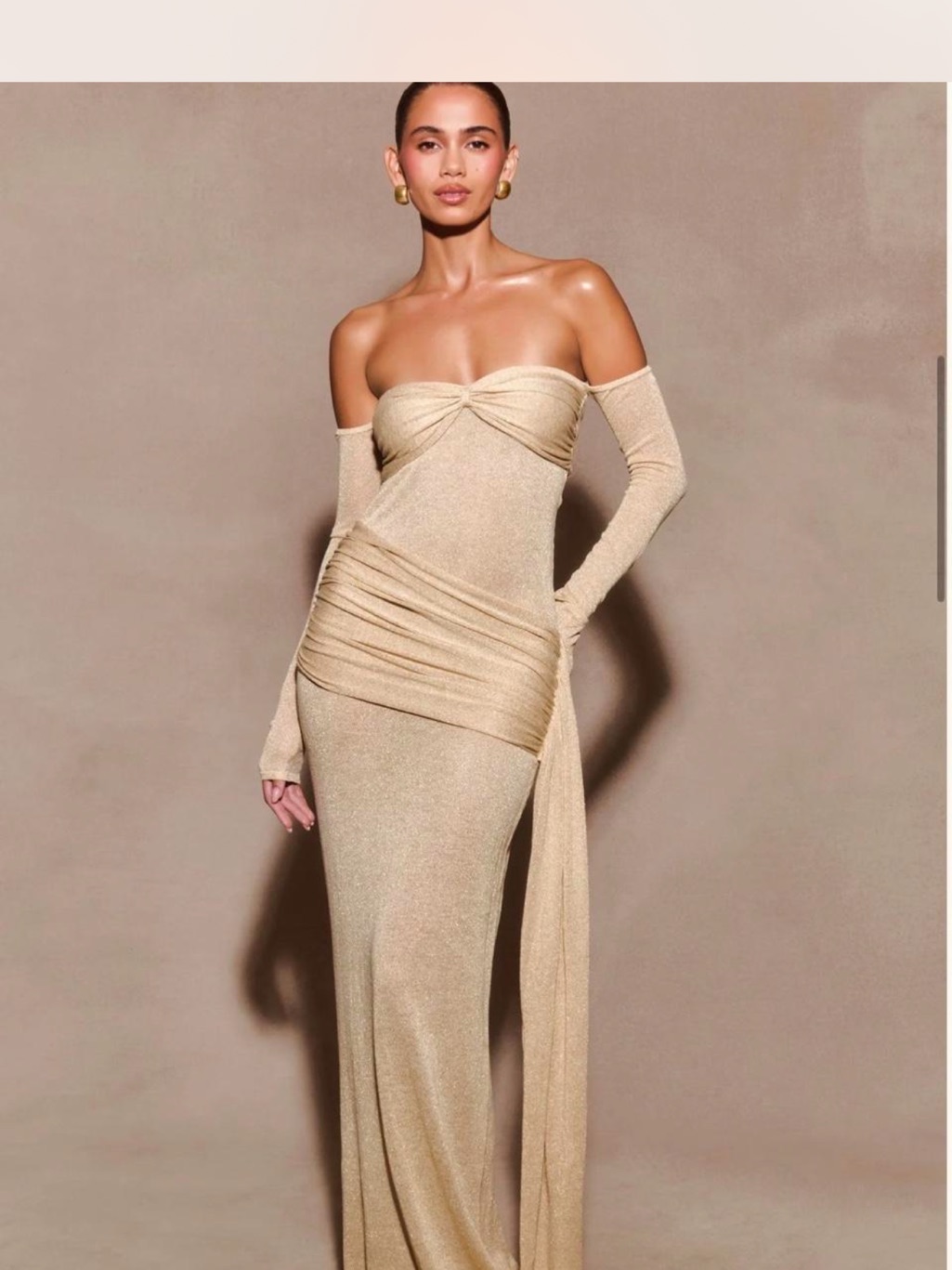 Off-Shoulder Metallic Gold Evening Dress